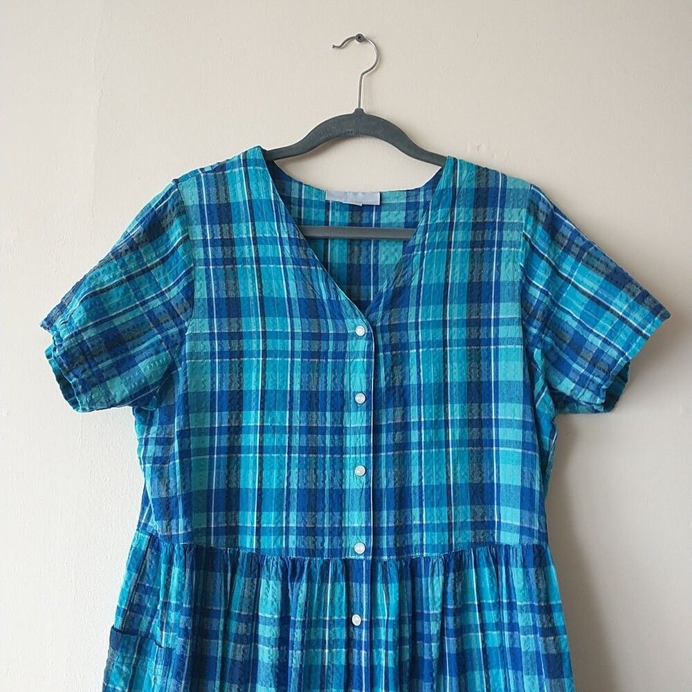 Only Necessities Midi Dress M Blue Plaid Pearl Snap Crinkle Seersucker Cottageco